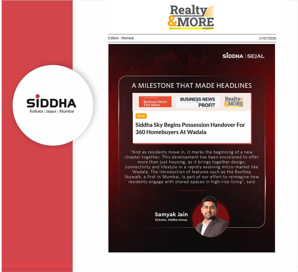 Siddha Sky Begins Possession For 360 Homebuyers